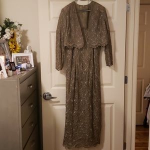 2 piece elegant woman dress, brownish green with decorative sequence.